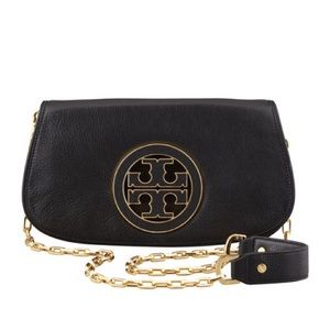 Tory Burch Amanda Pebbled Logo Black Clutch